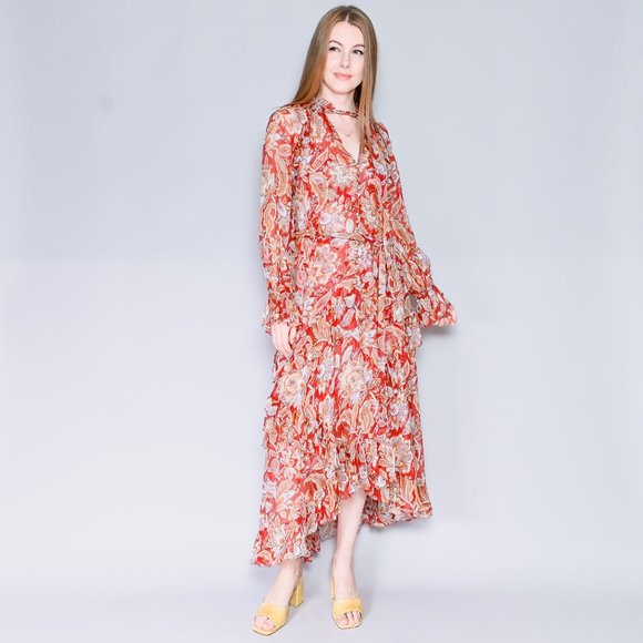626. ZIMMERMANN Red Floral Ruffled Midi Dress Sz 0 XS - Picture 1 of 8